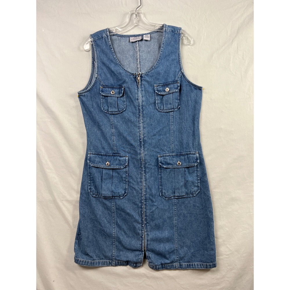 Paul Harris Vtg Denim Dress Womens M Blue Zip Front Cargo Pocket Utility Jumper